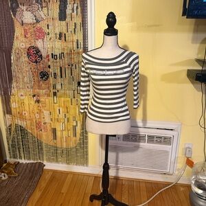 bebe Gray and White Striped Long Sleeve Top